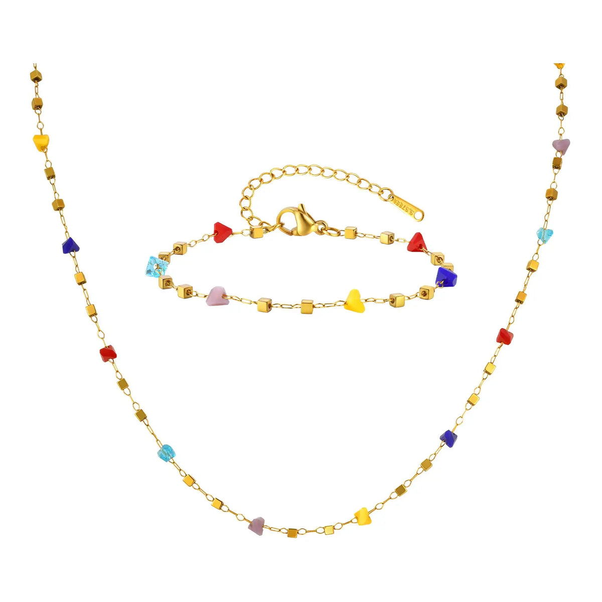 A gold-toned choker necklace featuring irregular colored stones and small charms.