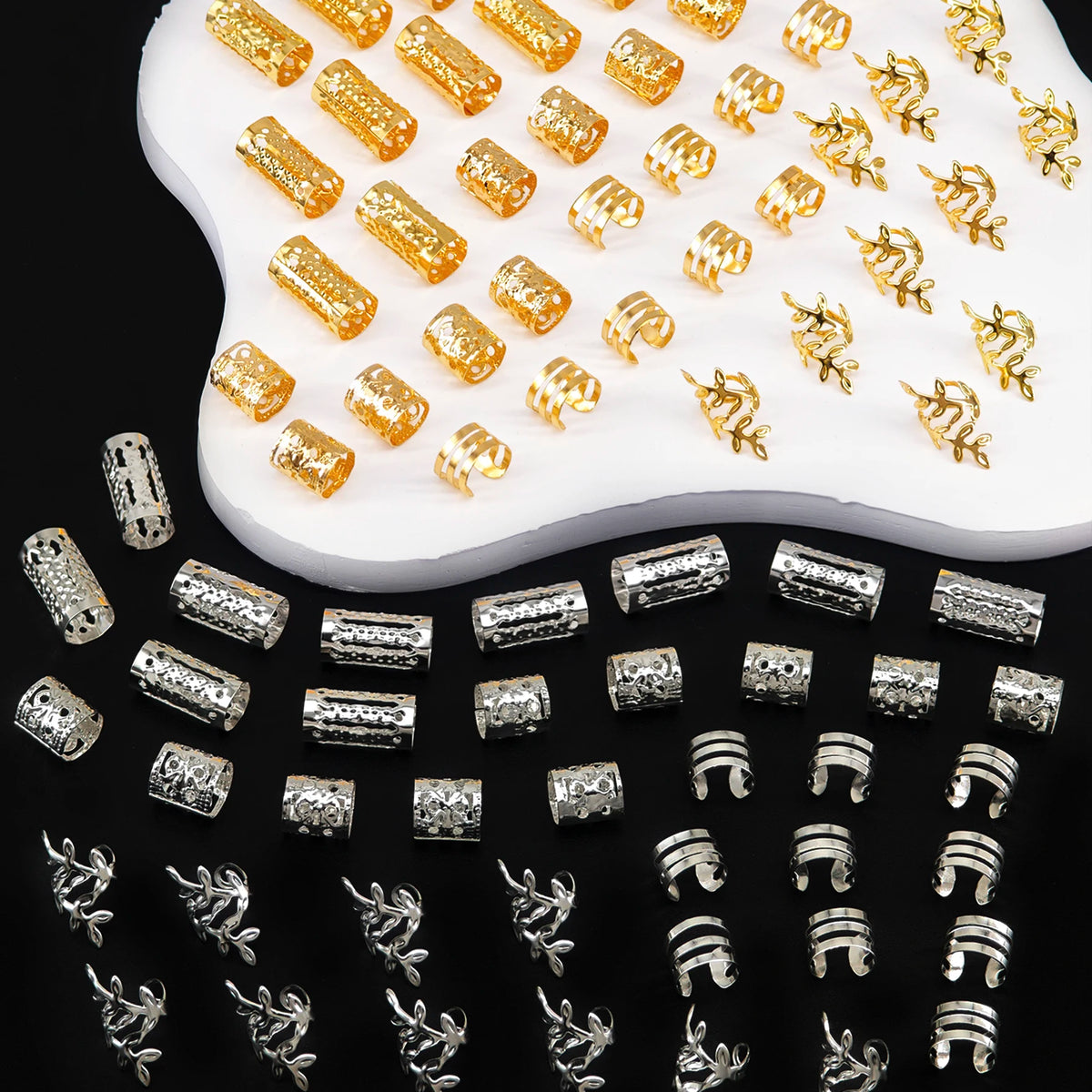 A collection of elegant hollow hair rings for braids in gold and silver tones.
