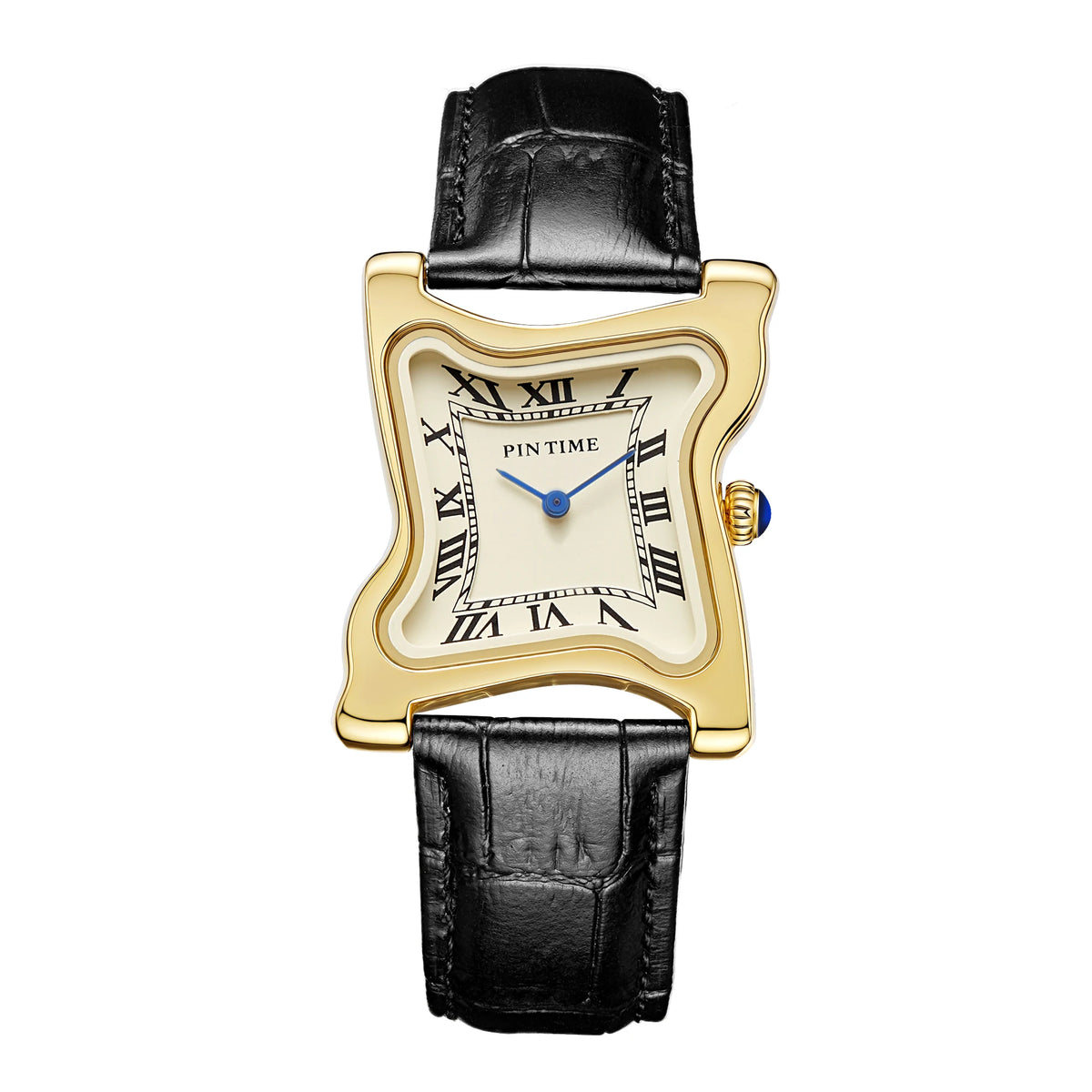 A vintage irregular quartz watch with a gold-toned case and black leather strap.