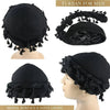 Black turban for men featuring a fabric surface and satin lining shown on a mannequin.