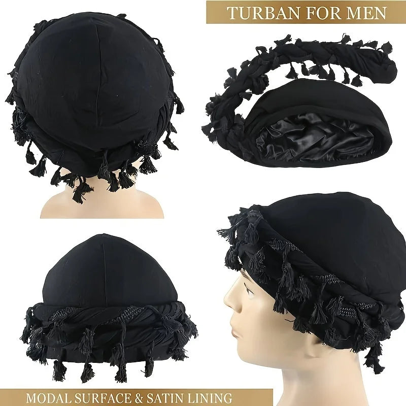 Black turban for men featuring a fabric surface and satin lining shown on a mannequin.