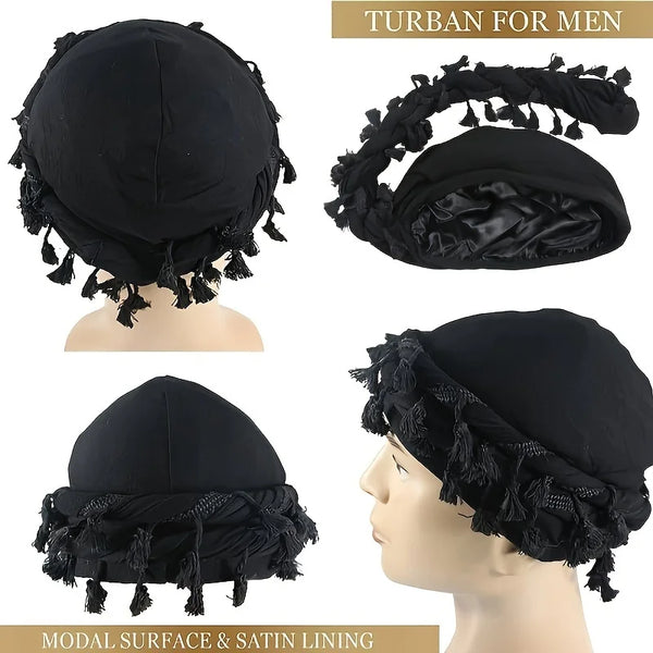 Black turban for men featuring a fabric surface and satin lining shown on a mannequin.