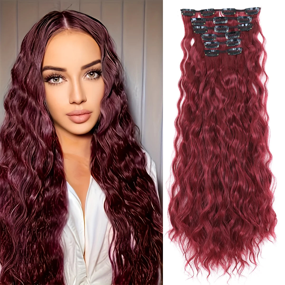 A close-up of a woman modeling long, deep burgundy curly hair extensions with black clips.