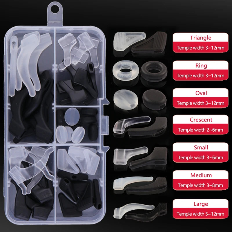 A clear plastic container holding various silicone ear grip hooks for glasses and sunglasses in different shapes and sizes