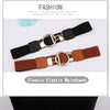 A black elastic waistband and a brown elastic waistband with gold buckles displayed on a white background.