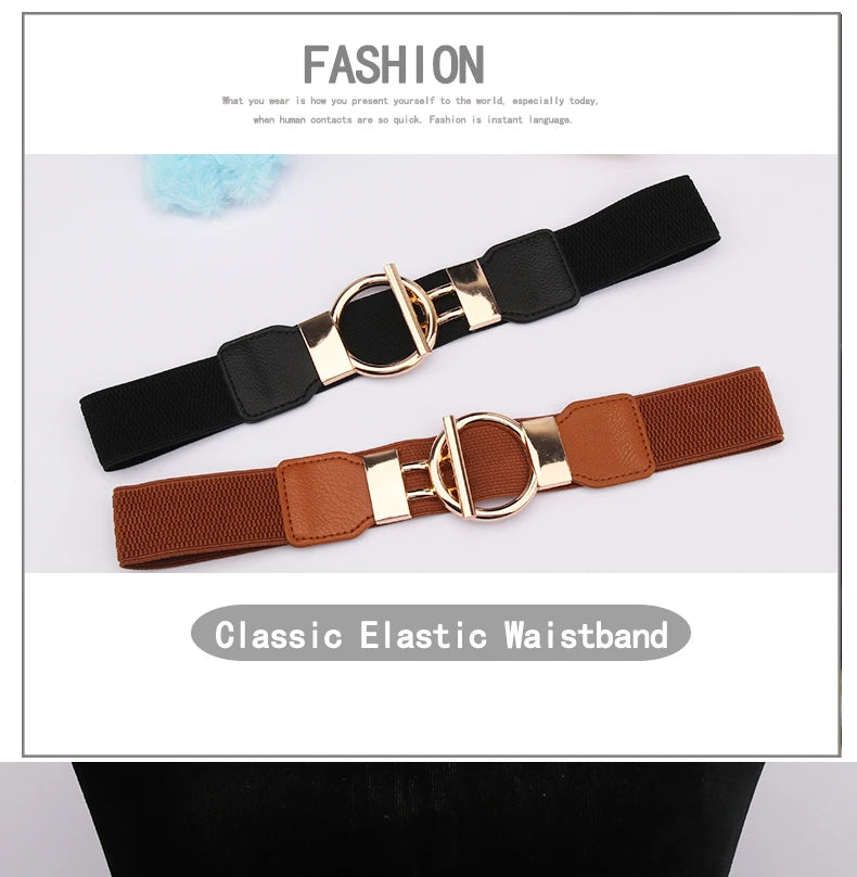 A black elastic waistband and a brown elastic waistband with gold buckles displayed on a white background.