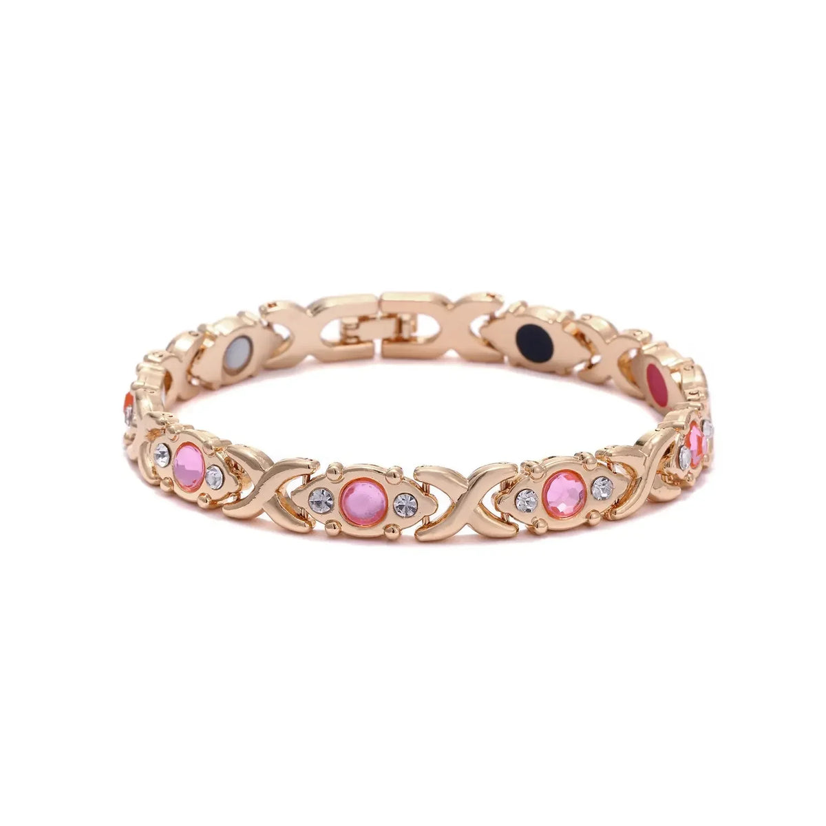 Gold-toned geometric bracelet featuring colorful gemstones like pink, blue, and black stones.