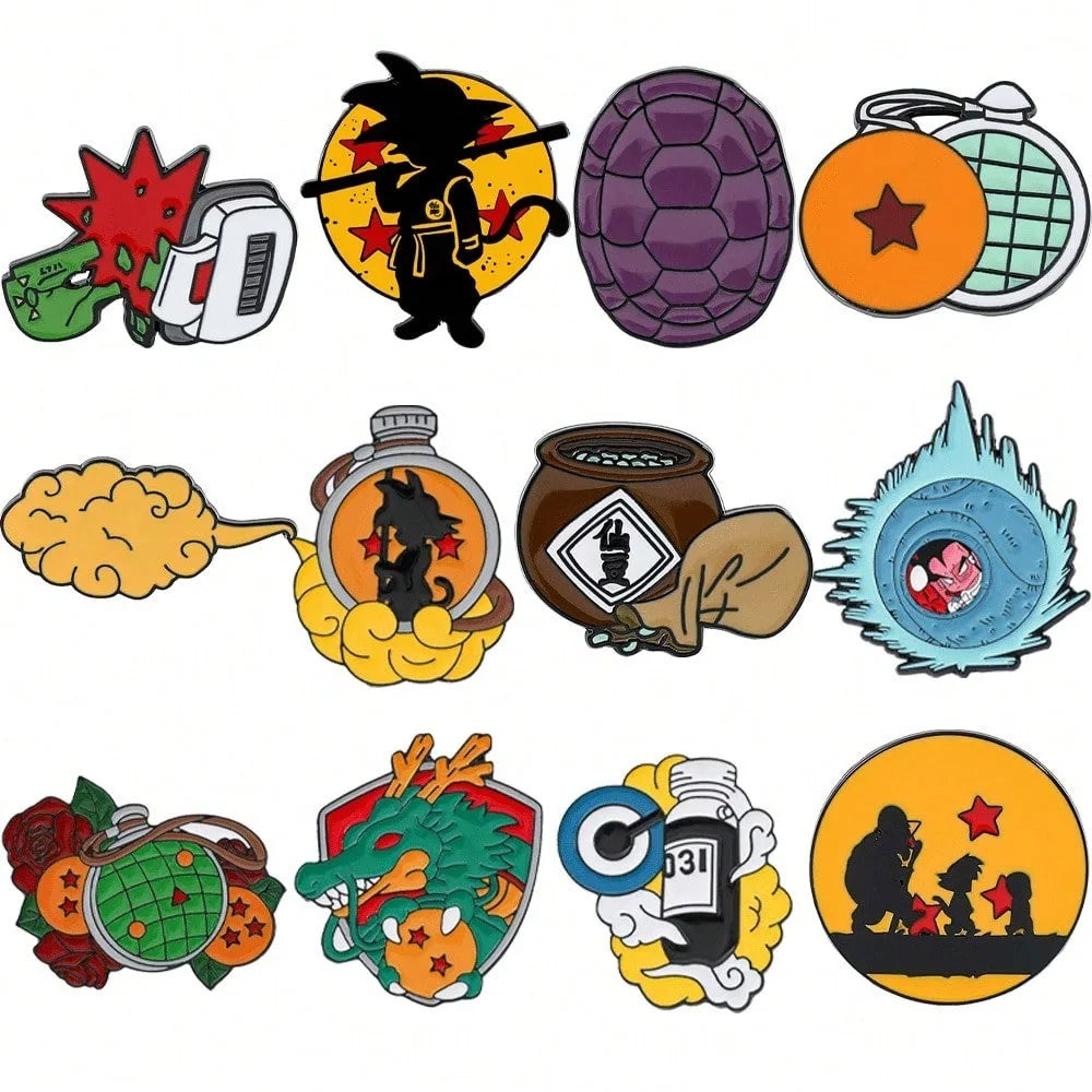 Set von 12 Emailpins mit Charakteren aus der Son Goku Master Roshi-Zeichentrickserie.