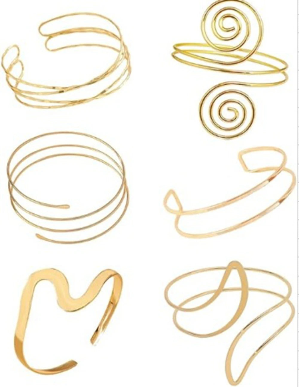 A set of six gold-plated swirl cuff armbands shown individually.