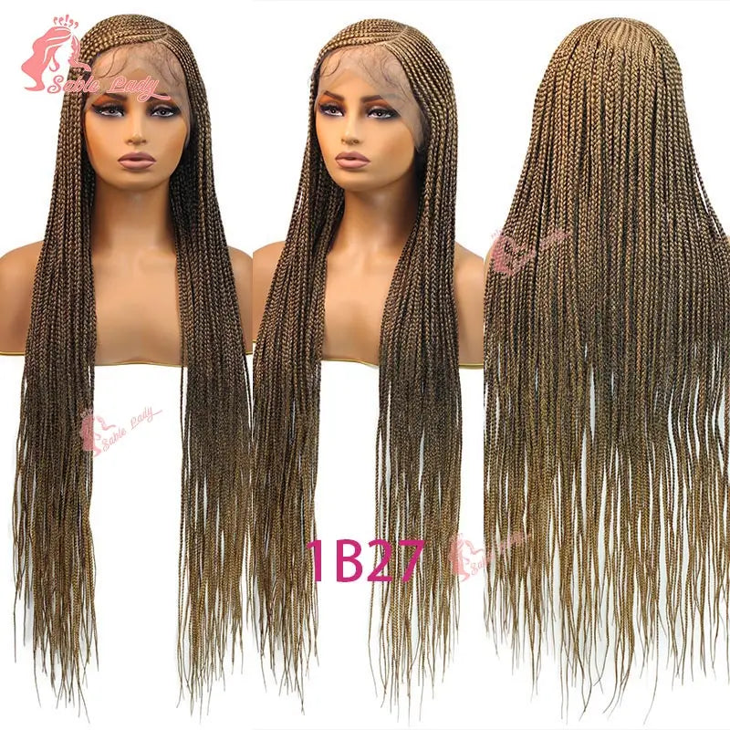 Three models display a 36-inch braided cornrow wig in a golden brown color.