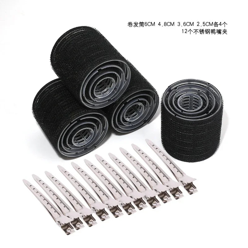 A set of black heatless hair curlers and metal pins for DIY styling.