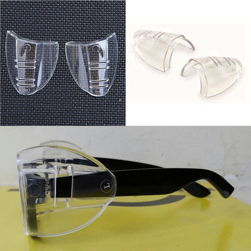 Flexible clear eye shields for eyeglasses shown in various forms and a larger shield placed on a black frame.