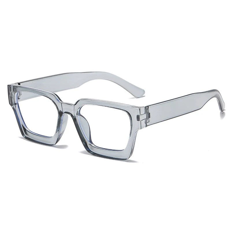 Clear square anti-blue light computer glasses with a translucent frame and flexible arms