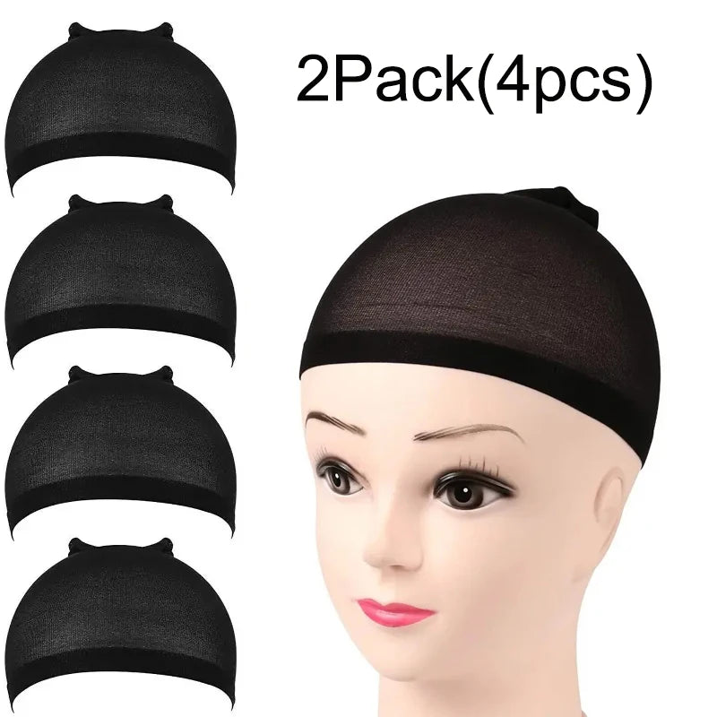 A pack of four black high elasticity wig caps and hair netting displayed on a mannequin head.