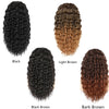 A display of four curly drawstring ponytail hair extensions in black, light brown, black brown, and bark brown.