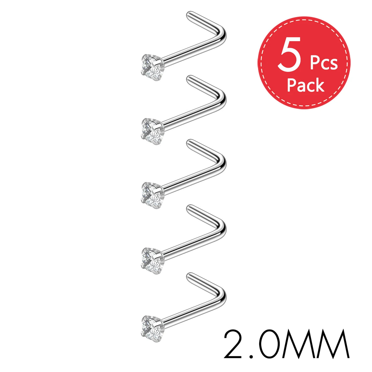 A pack of five stainless steel nostril studs with crystal and gold finish, measuring 2.0mm.