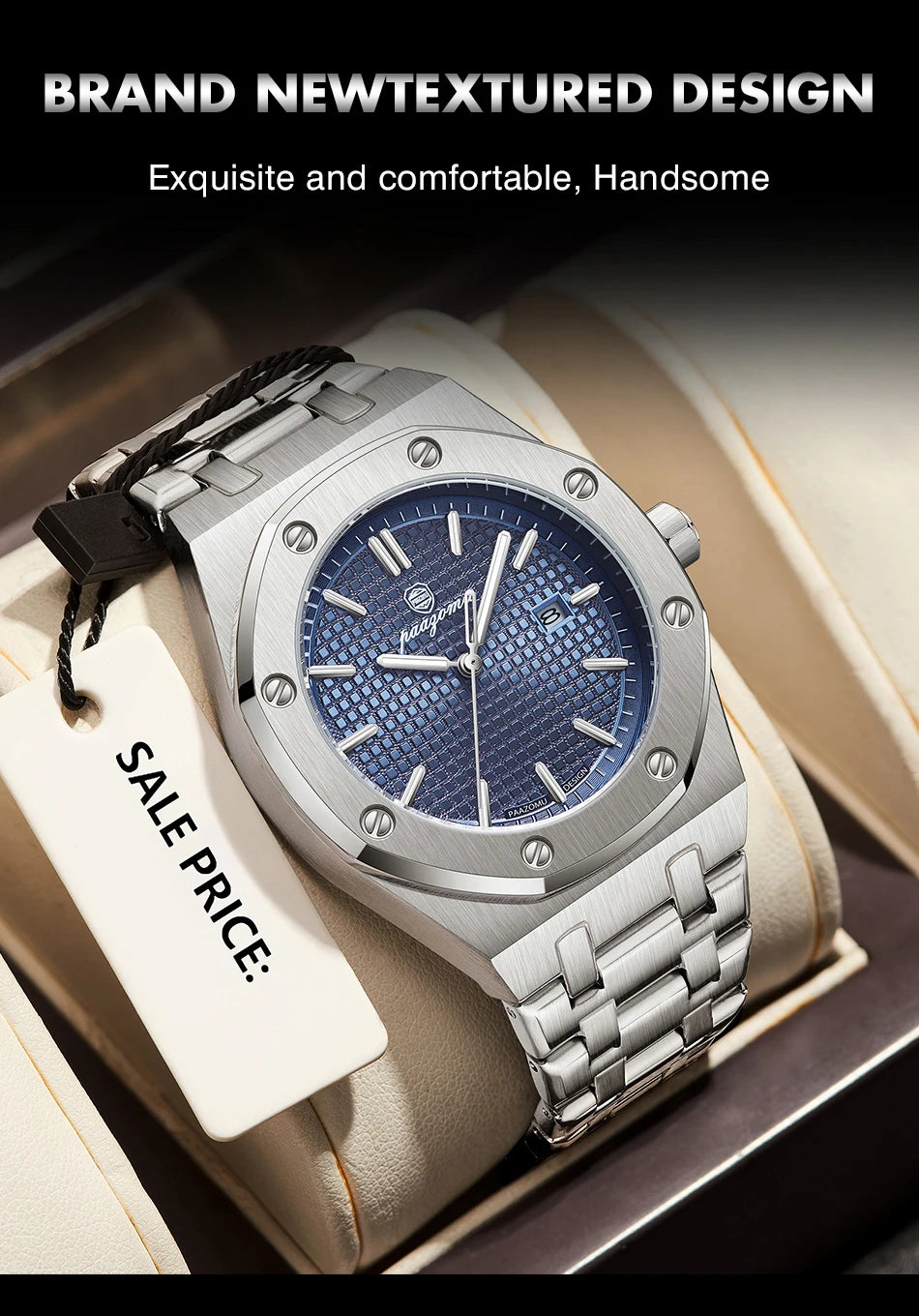 A silver-toned luxury square quartz men's watch with a blue dial and luminous hands displayed on a leather background.