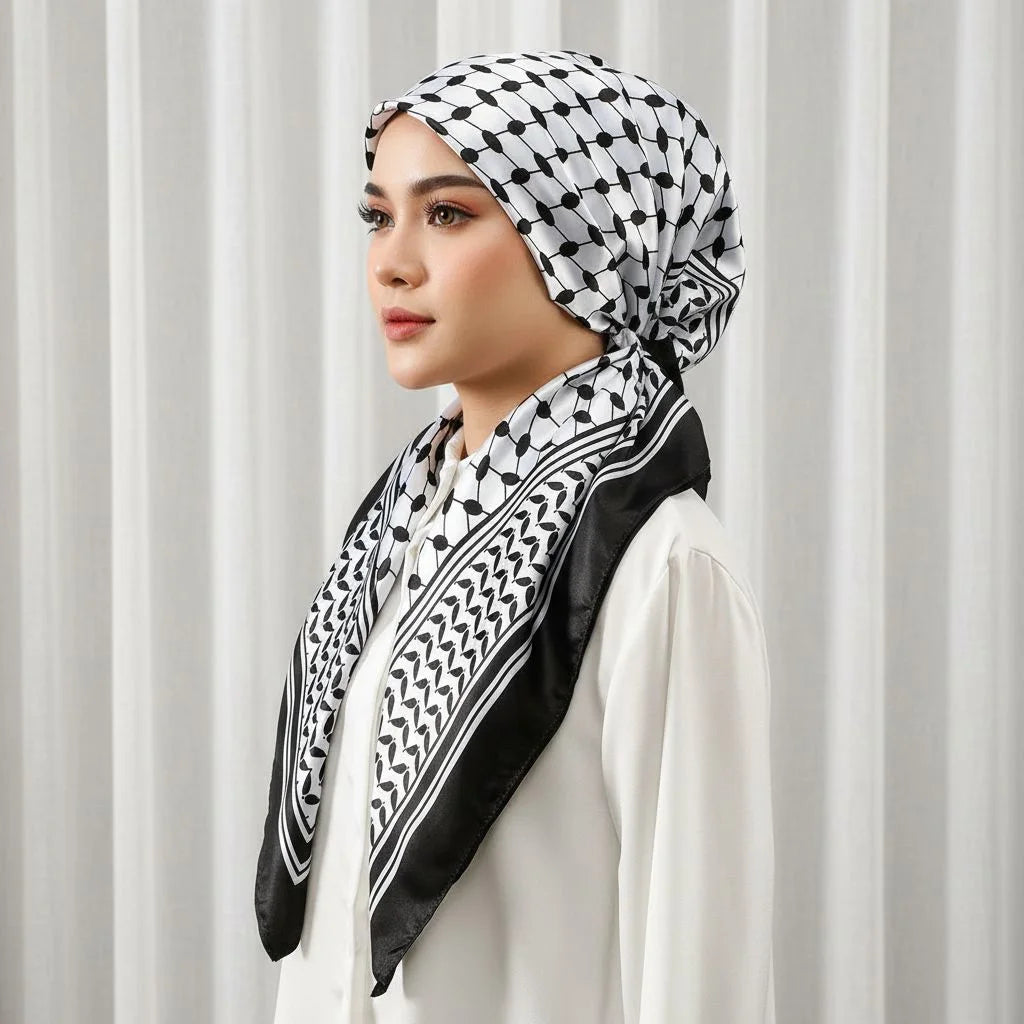 A woman wearing a black and white patterned satin silk hijab headband cap with a white top.