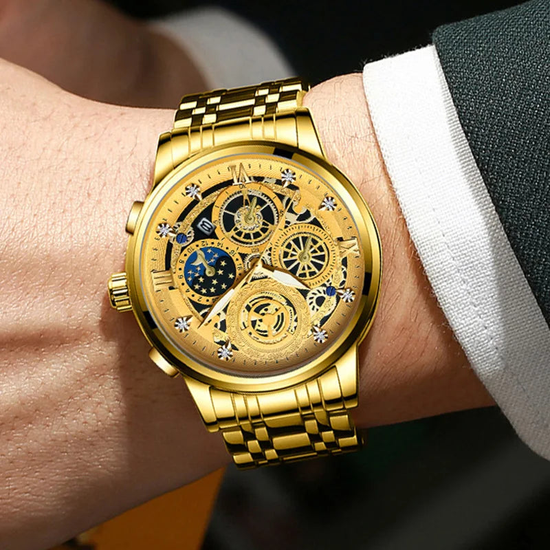 A close-up of a gold-toned men's stainless steel quartz wristwatch with an intricate, luminous dial on a person's wrist.