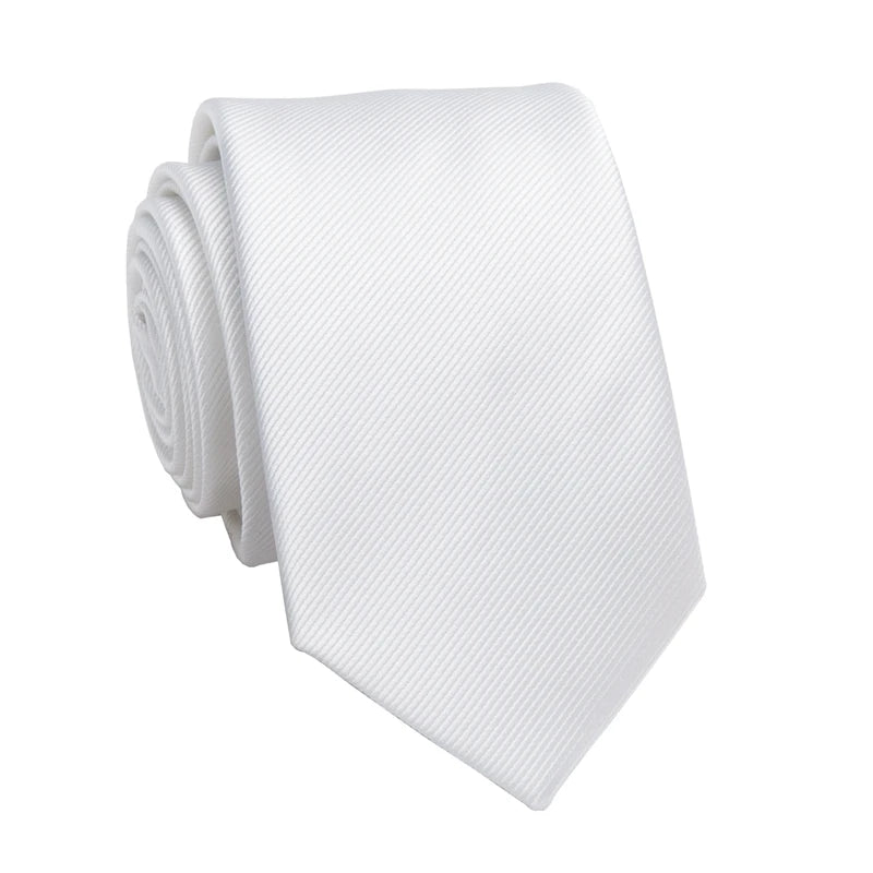 A white men's slim jacquard business tie rolled and displayed against a white background.
