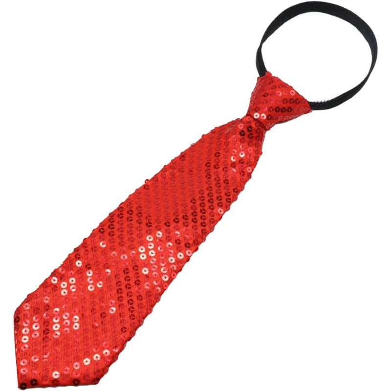 A bright red sequin tie with a black ribbon, suitable for parties and events.