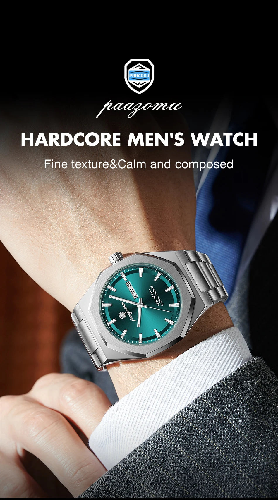 A close-up of a stainless steel watch with a teal face and silver bezel worn on a wrist.