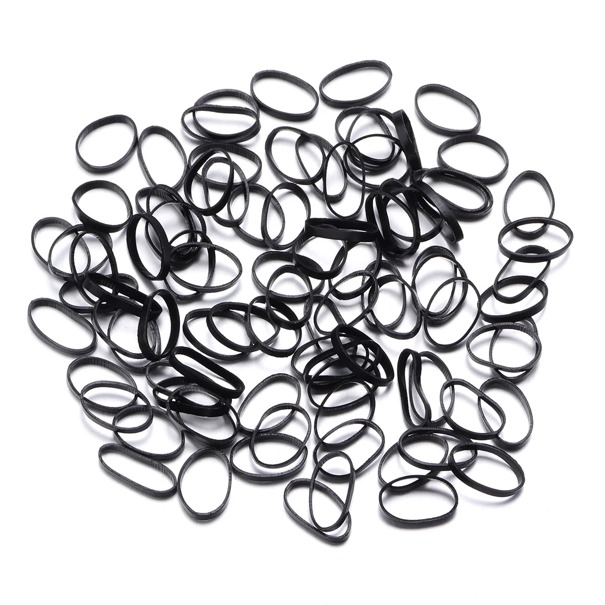 A pile of black elastic hair ties or scrunchies.