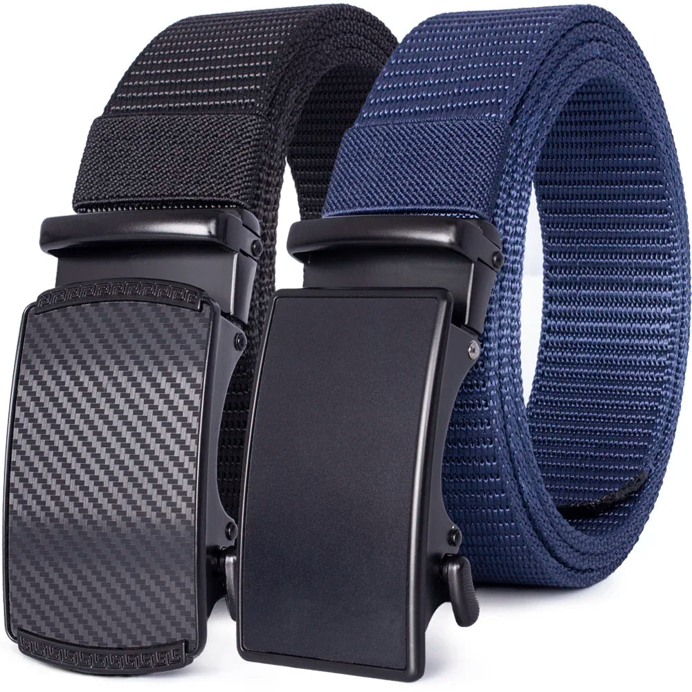 A black tactical canvas utility belt with a dark blue nylon strap and a black buckle.