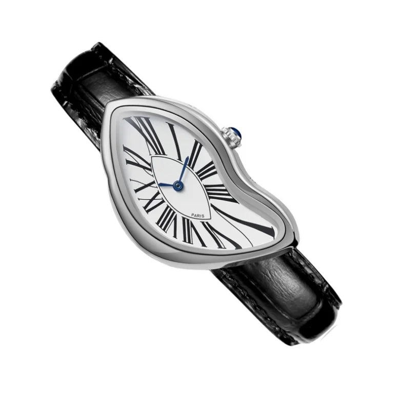 A silver-cased vintage irregular quartz watch with a black leather strap and white dial.