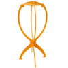 Soporte plegable portátil de peluca naranja con marco curvo y soporte central.