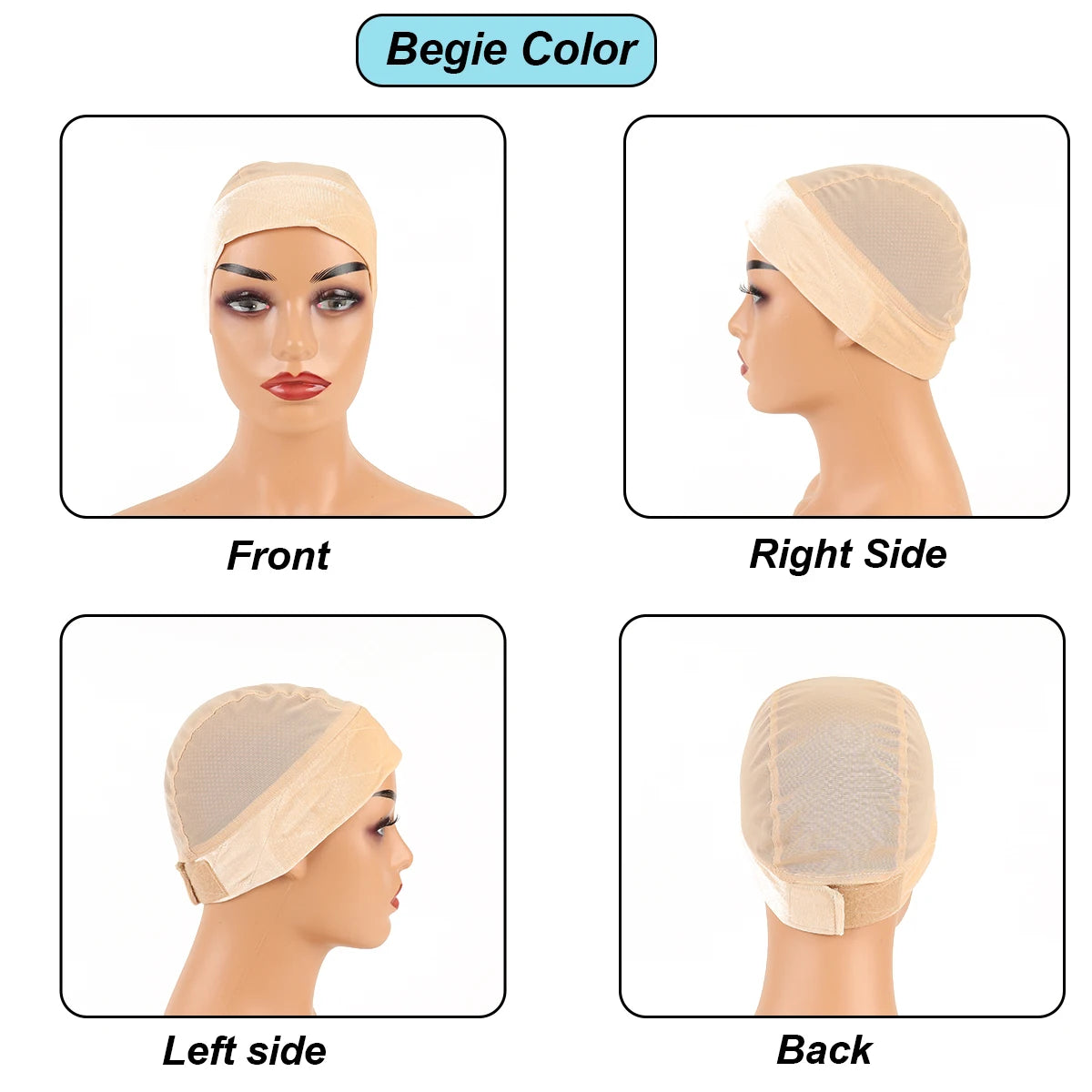 Images showing the Begie Color adjustable velvet wig grip cap from front, right side, left side, and back angles.