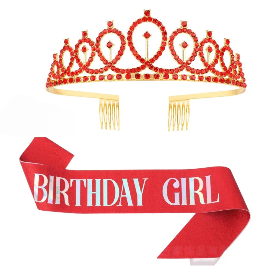 Red tiara crown with gold band and a red birthday girl sash