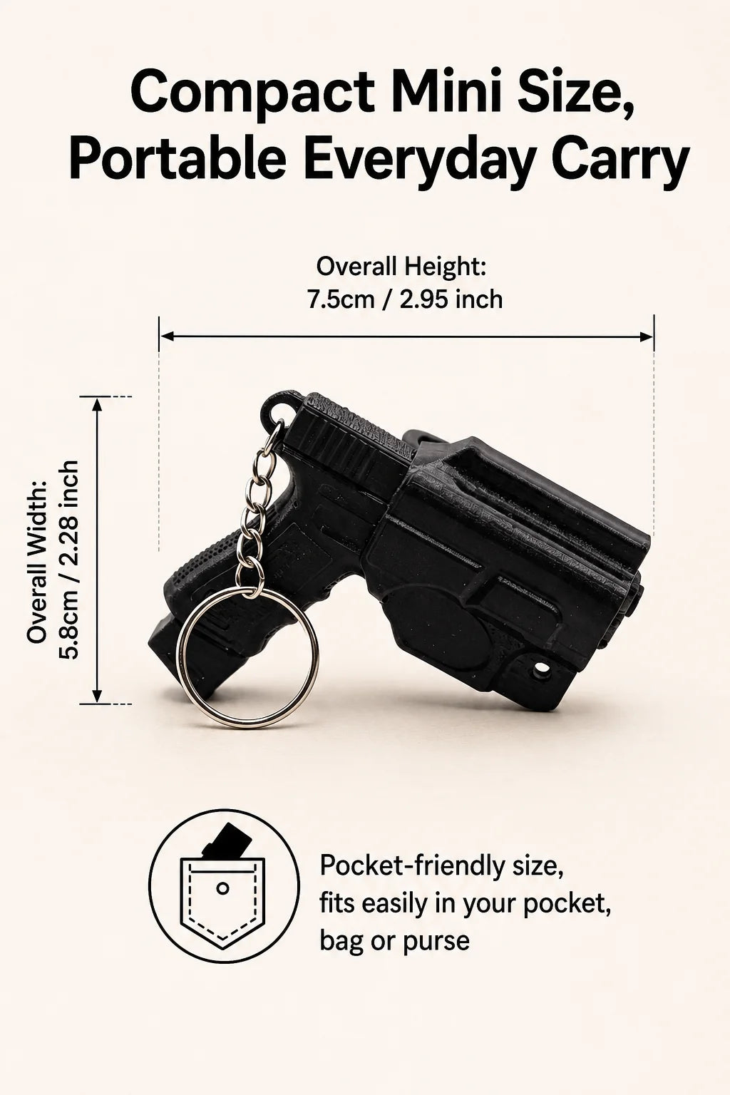 A black tactical pistol keychain with a detachable holster, shown in a side view.