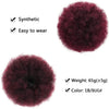 A dark reddish-purple kinky drawstring ponytail extension with a fluffy texture, noted for being synthetic and easy to wear.