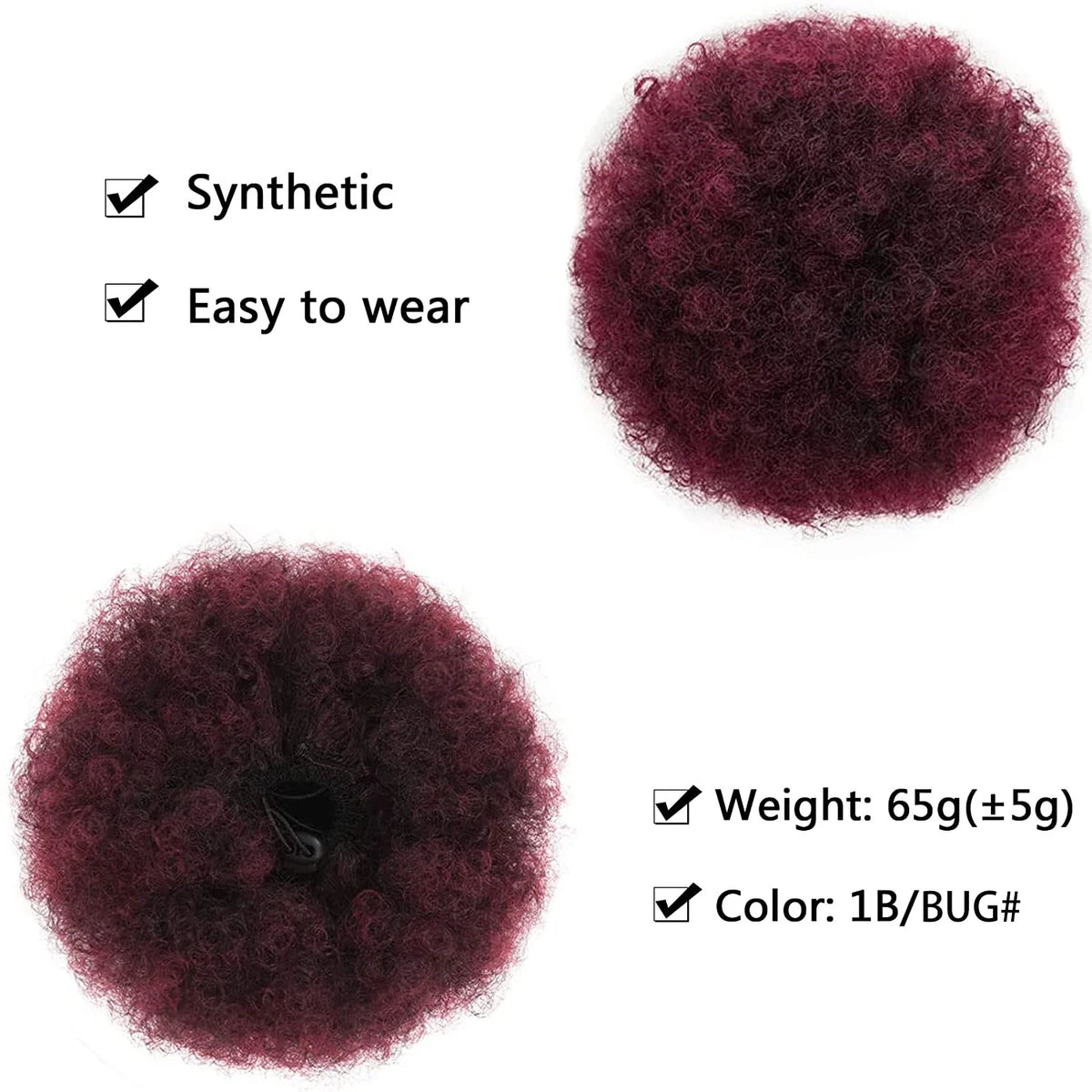 A dark reddish-purple kinky drawstring ponytail extension with a fluffy texture, noted for being synthetic and easy to wear.