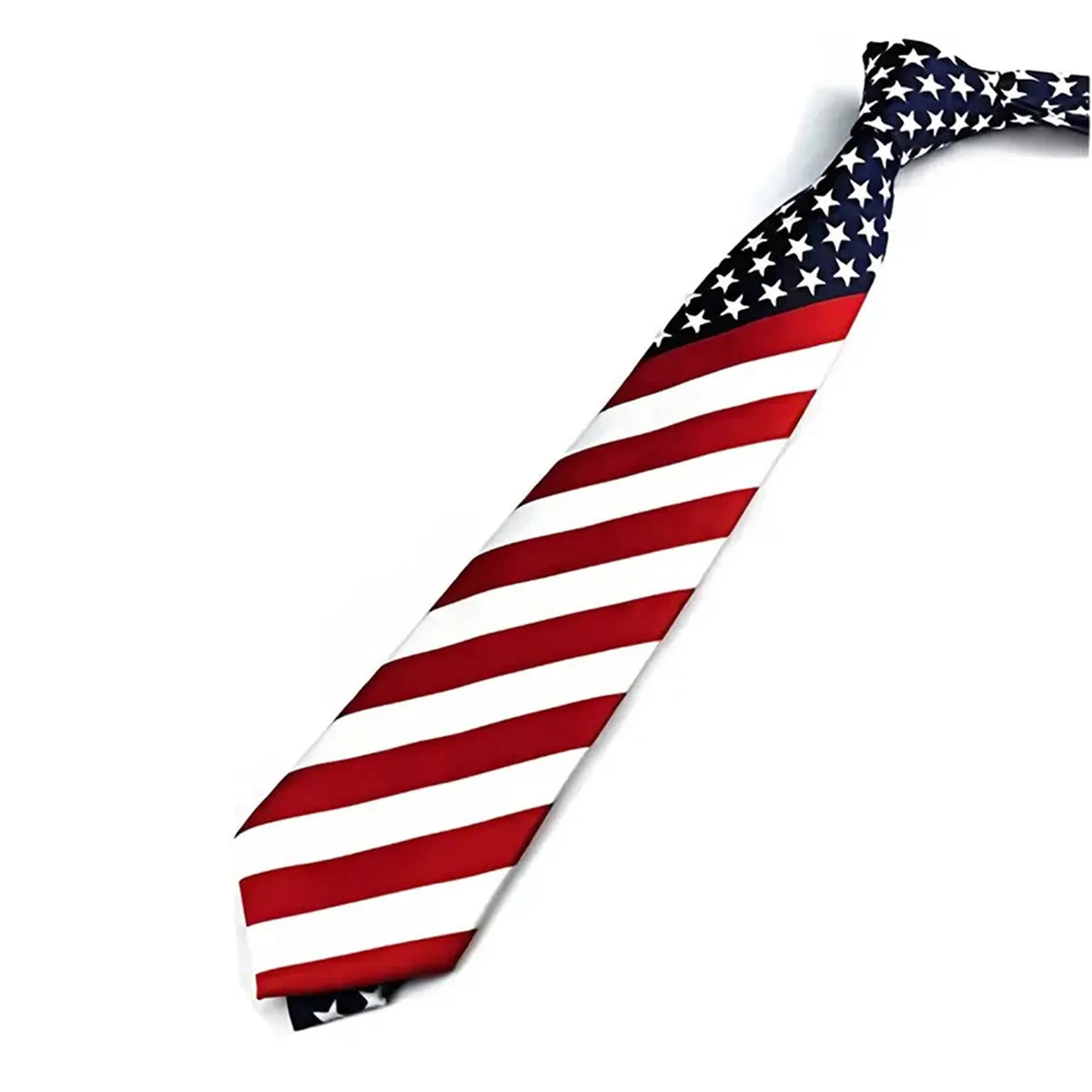 A classic American flag striped silk necktie featuring red and white stripes and a blue field with stars.