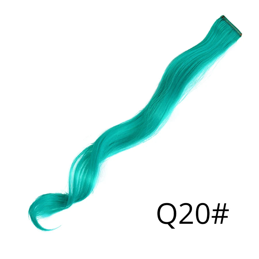 A vibrant turquoise synthetic hair extension shown as a long, smooth strand.