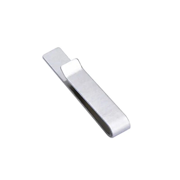 Brushed stainless steel men's tie clip with a rectangular design.
