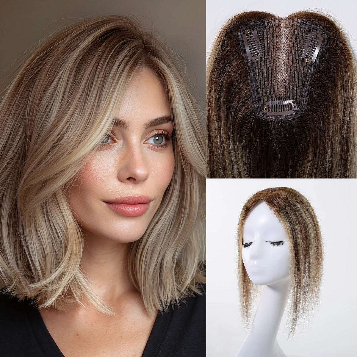 12 Inch Light Brown Blonde Ombre Lace Base Hair Topper