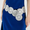 A royal blue dress featuring a decorative belt made of vintage PU discs with metal buckles.