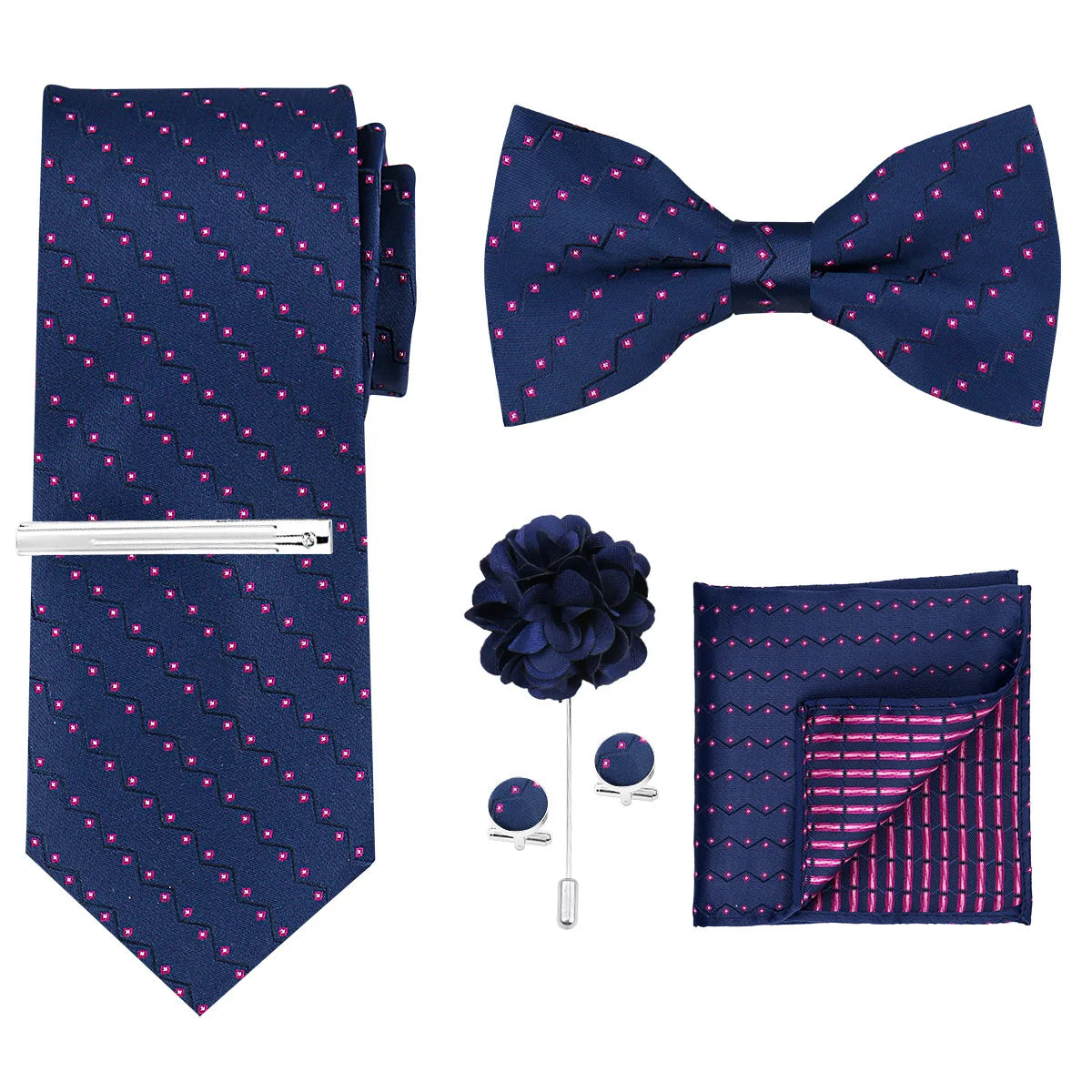 Navy blue men's formal tie and bow tie set with a matching pocket square
