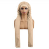 A beige long hair sleeping bonnet set worn by a model.