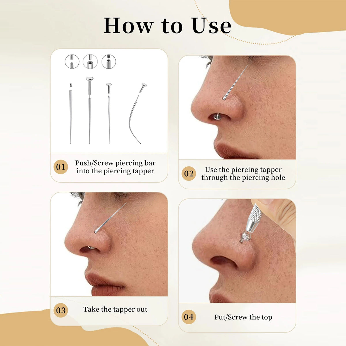 A four-step guide showing how to use a titanium piercing tool kit for nose piercings.