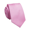 A pink striped men's slim jacquard business tie rolled and displayed against a white background.