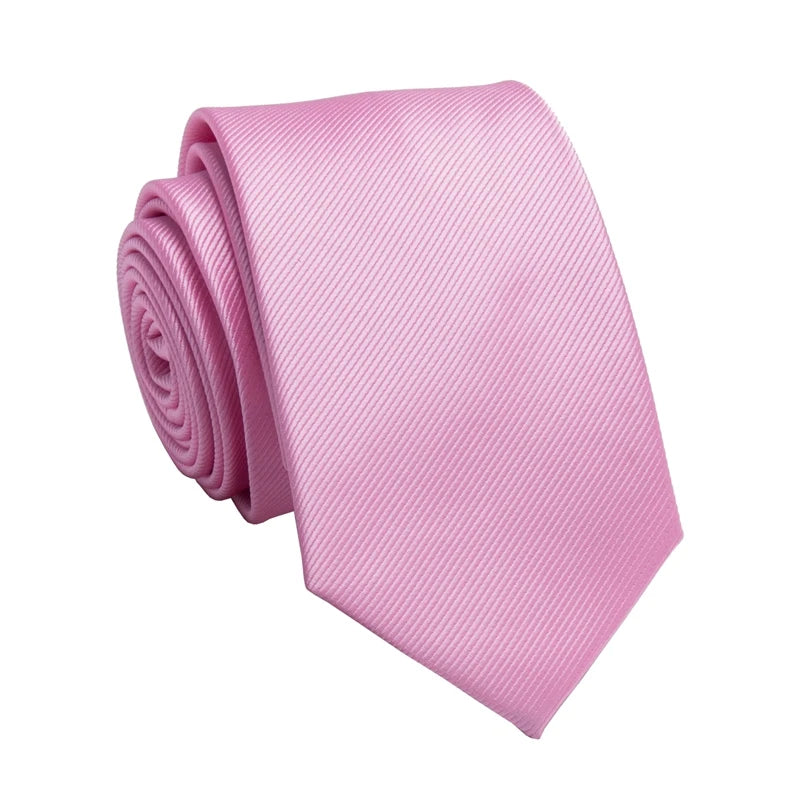 A pink striped men's slim jacquard business tie rolled and displayed against a white background.
