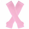 A pair of pink knitted fingerless gloves crossed in an 'X' shape.