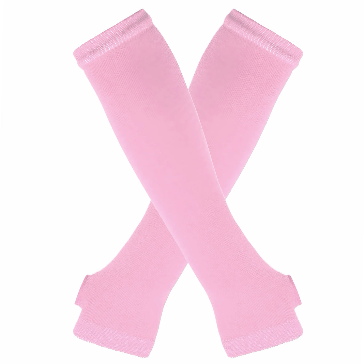 A pair of pink knitted fingerless gloves crossed in an 'X' shape.