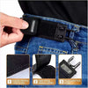 A close-up of a black elastic waistband buckle set being fastened onto blue denim jeans.