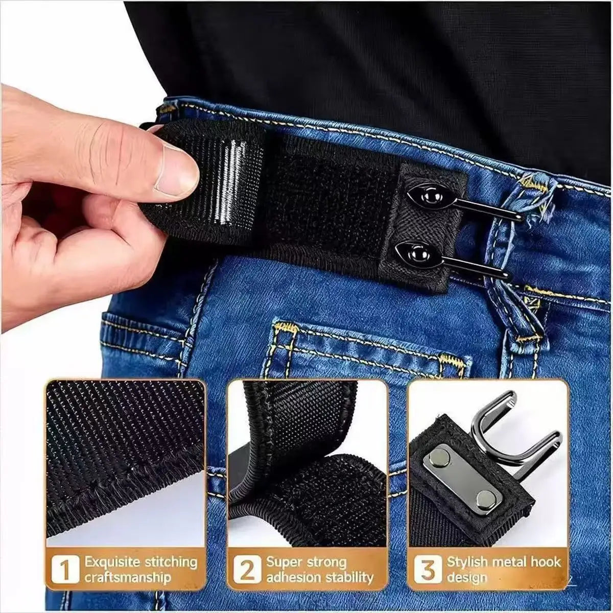 A close-up of a black elastic waistband buckle set being fastened onto blue denim jeans.