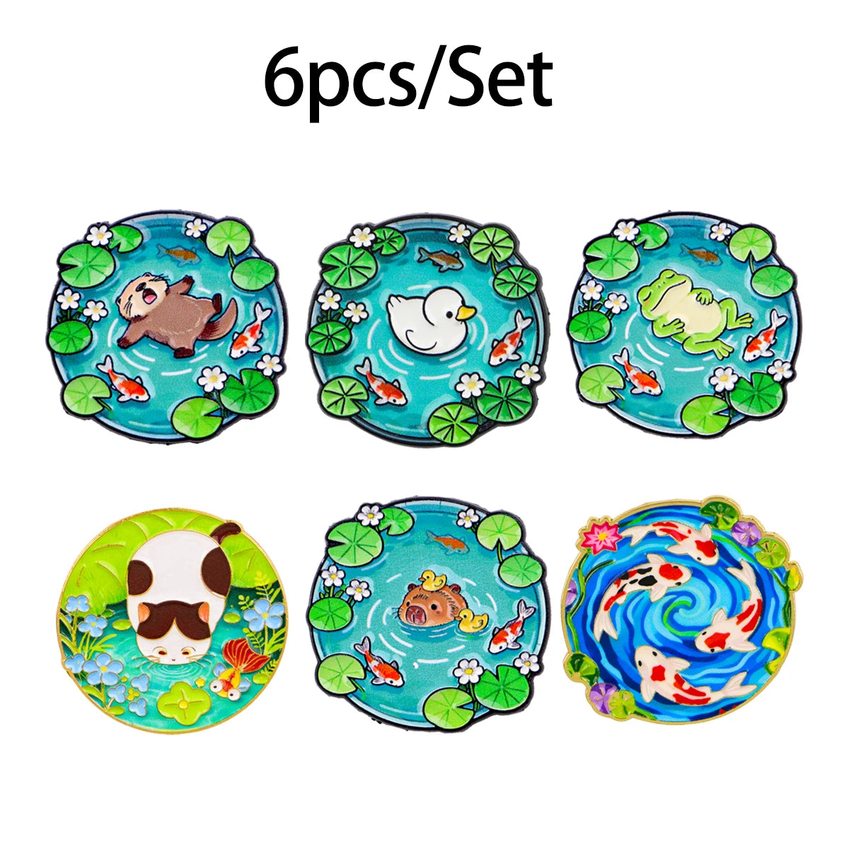 A set of six enamel brooches featuring various cute animals like a bear, duck, frog, and fish on blue backgrounds.
